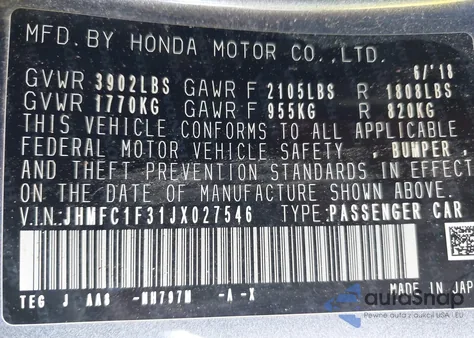 2018 Honda Civic Ex-T z USA, uszkodzony, nr VIN JHMFC1F31JX027546